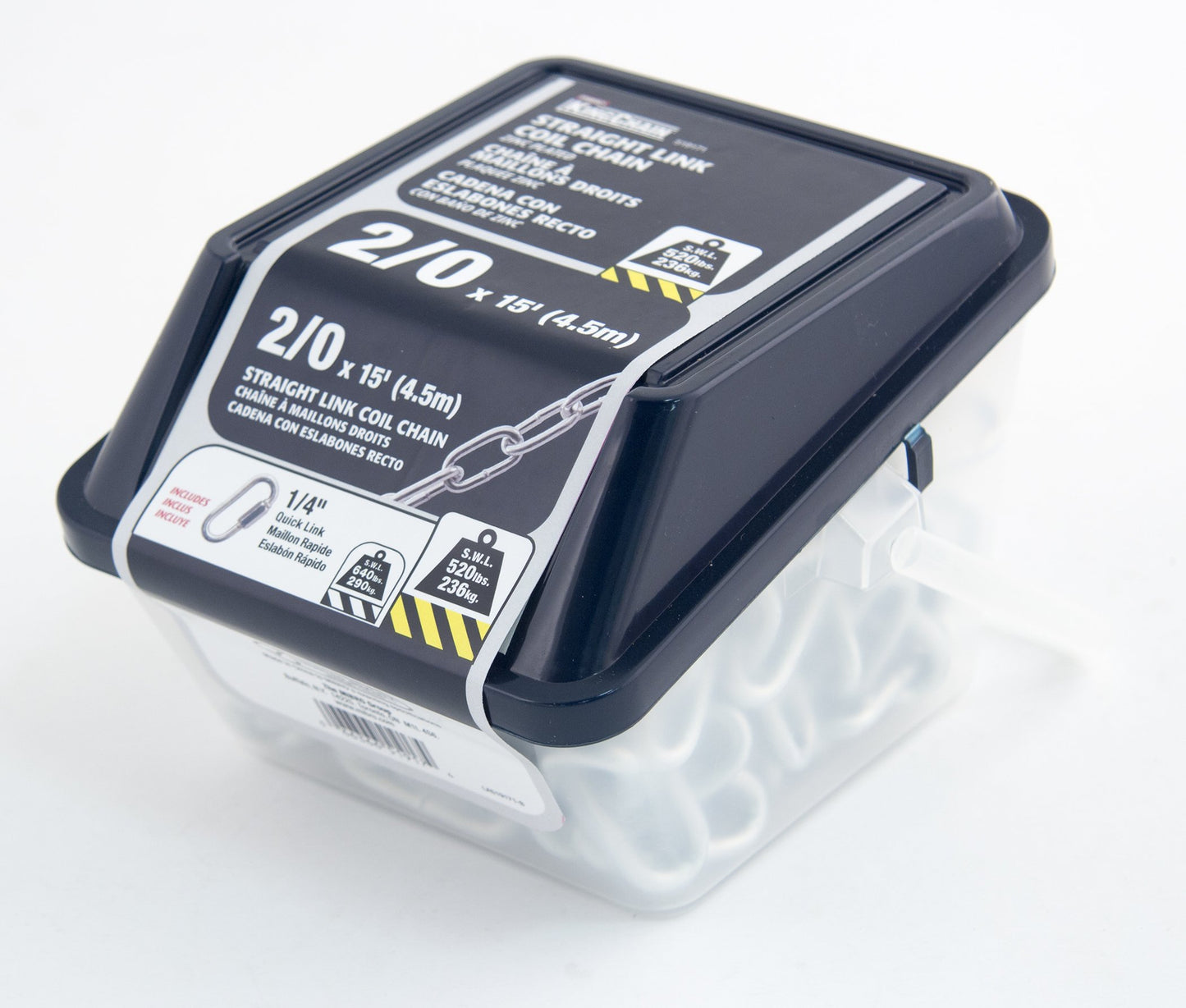 KingChain 519171 2/0 x 15 ft. Zinc-Plated Straight Link Coil Chain with 1/4-inch Quick Link, 520 lb. Safe Working Load, General Purpose Chain