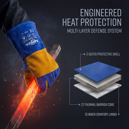 RAPICCA Welding Gloves Fire Heat Resistant: Fireproof Leather For Stick Mig Flux-Core Welder Forge Blacksmith Fireplace Wood Stove Fire Pit Furnace Handling Dry ice - One Size Blue 16IN 932℉