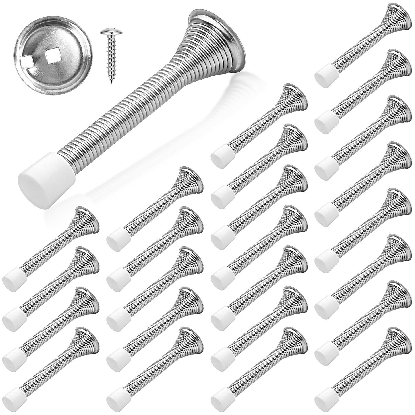 Supkiir 24Pcs Silver Spring Door Stoppers, Stainless Steel Door Stop Wall Protector, Wall Mounted Threaded Flexible Doorstops with Rubber Bumper Baseboard for Home