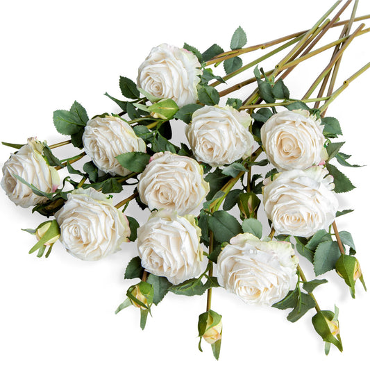 Artificial Rose Flowers Realistic Silk Burnt Edge Vintage Rose with Long Stem for Home Bridal Wedding Party Floral Bouquets Decoration (10Pcs, White)