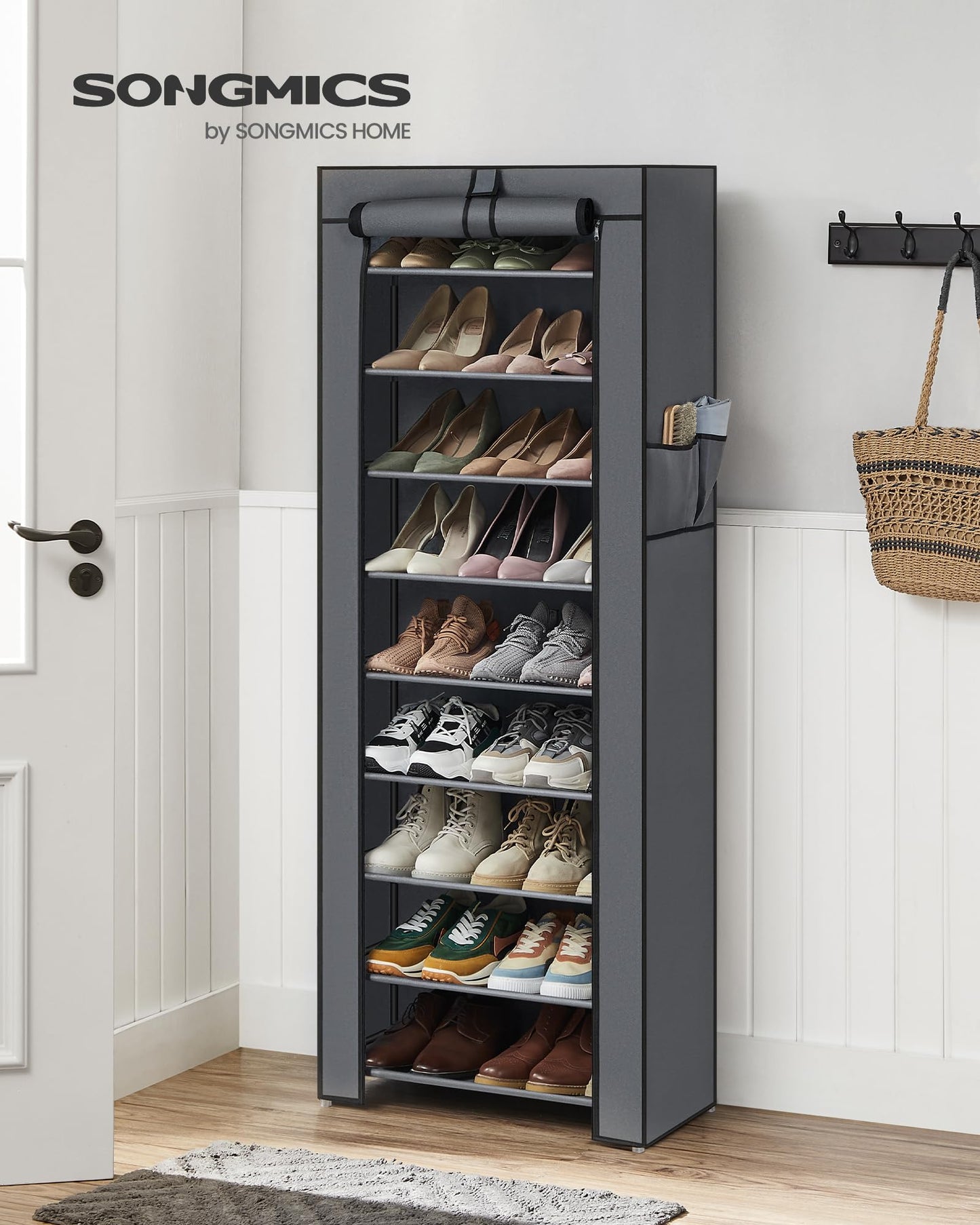 SONGMICS Shoe Rack, Shoe Storage Cabinet with Dustproof Cover, Free-Standing Storage Organizer for Closet, Entryway, Hold 27-35 Pairs of Shoes, for Sneakers, High Heels, 9-Tier, Slate Gray URXJ10G