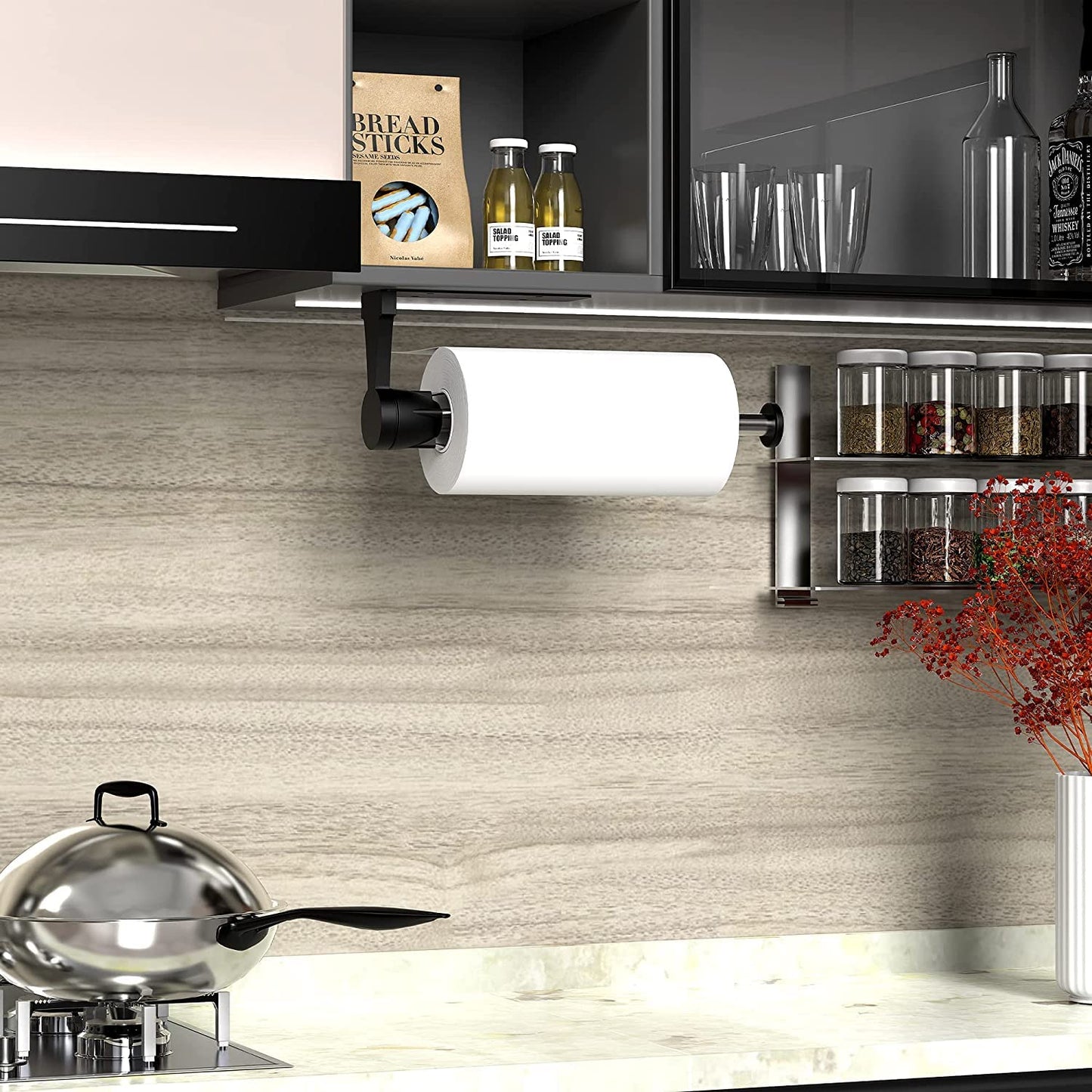 VEHHE Paper Towel Holder with Ratchet System, Paper Towel Holder Under Cabinet with Damping Function, 2 Set Black Stainless Steel Papers Towels Holders