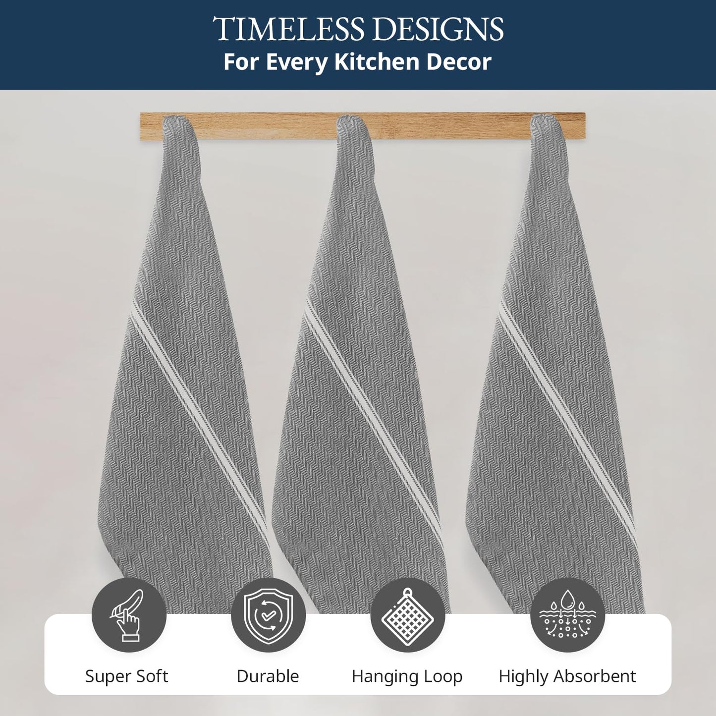 Kitchen Towel Set - 100% Cotton Kitchen Towels, Reusable Dish Cloths, Grey Dish Towels for Kitchen, Soft Absorbent Tea Towels, Durable Kitchen Hand Towels, 14” x 25” Kitchen Dish Towels - 6 Pack
