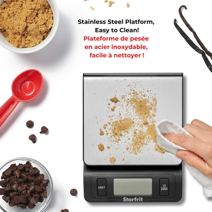Starfrit Digital Kitchen Scale - Stainless Steel Platform - Measures Weight and Liquid Volume - 11 lb / 5 kg Capacity - Stainless Steel