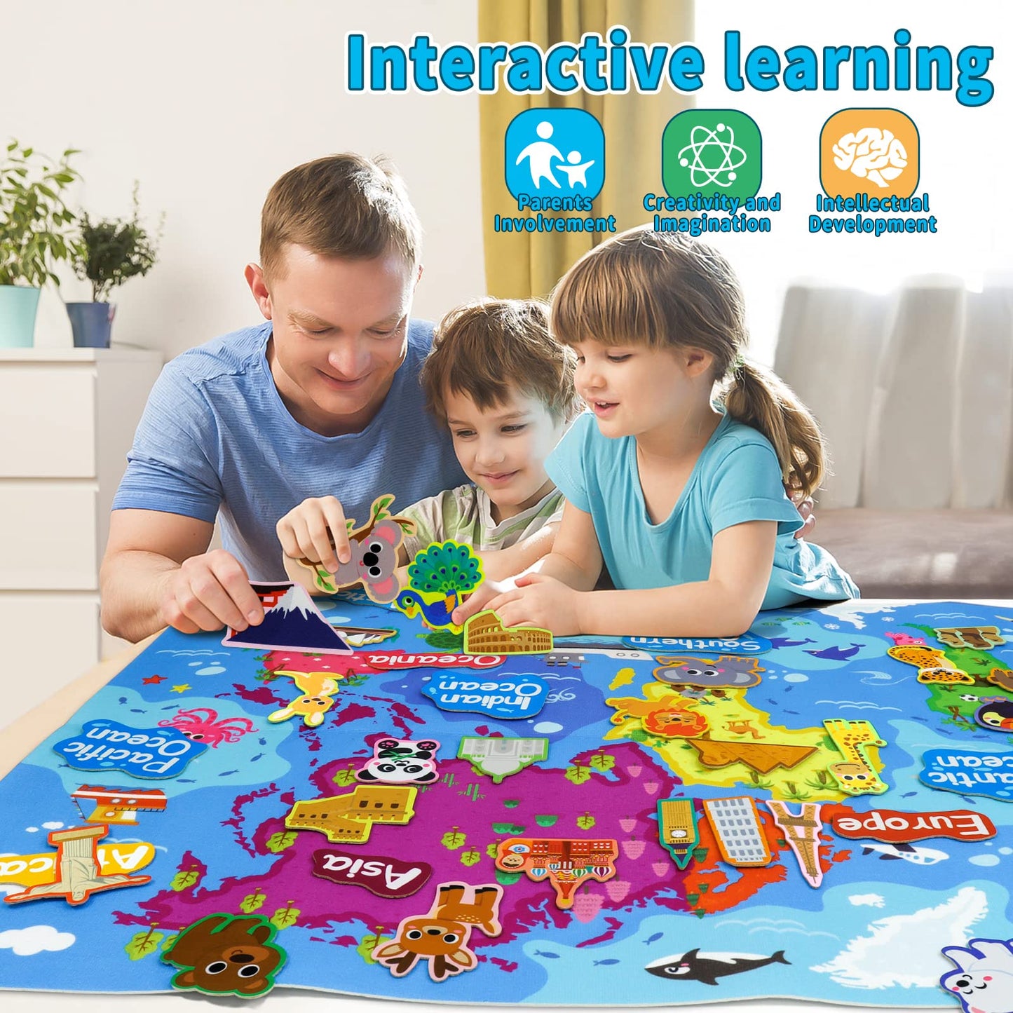 Taika 43x28 inch World Map Felt Board Set, World Map Felt Story, Inertactive Geography Flannel Board, Thicker Flannel Board Set, Preschool Learning Toy for 4+