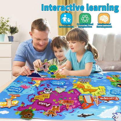 Taika 43x28 inch World Map Felt Board Set, World Map Felt Story, Inertactive Geography Flannel Board, Thicker Flannel Board Set, Preschool Learning Toy for 4+