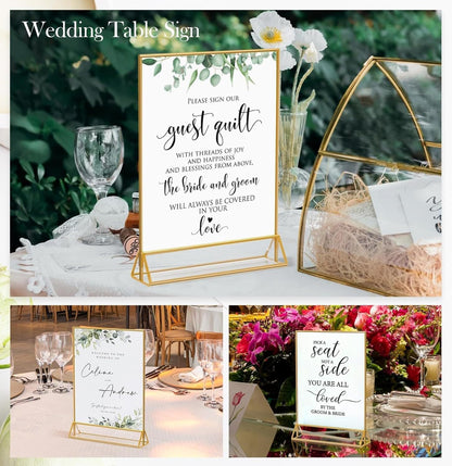 Sign Holders, 6 Pack 5"*7" Acrylic Display Stand for Christmas Party Wedding Table Number, Golden Double Sided Menu Holder, Photo Holder, Clear Picture Frame Flyer Holder For Office Business Store