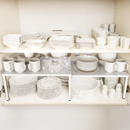 Simple Houseware Expandable and Stackable Kitchen Cupboard Metal Organizer for Mug Shelf, Spice Rack, and Pantry Storage, Set of 2, White