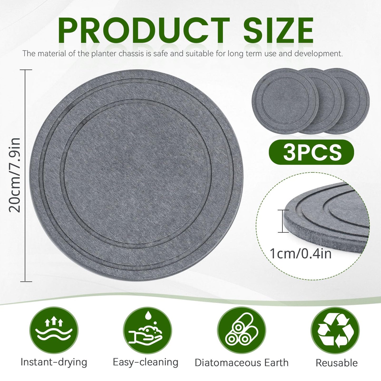 3 PCS Diatomite Plant Saucers for Indoors, Instant Dry Pot Saucers for Plants Coasters, Diatomaceous Earth Planter Tray, Dark Gray Flower Pot Tray (Round 8")