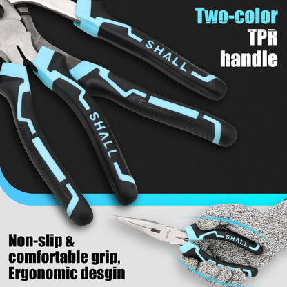 SHALL 6-Piece Pliers Set, Pliers Tool Set, 6" Diagonal Cutting, 8" Long Nose, 8" Linesman, 8" Slip-Joint & 10" Groove-Joint Pliers, 8" Adjustable Wrench, Two-Color TPR Handle, Gift Box Included