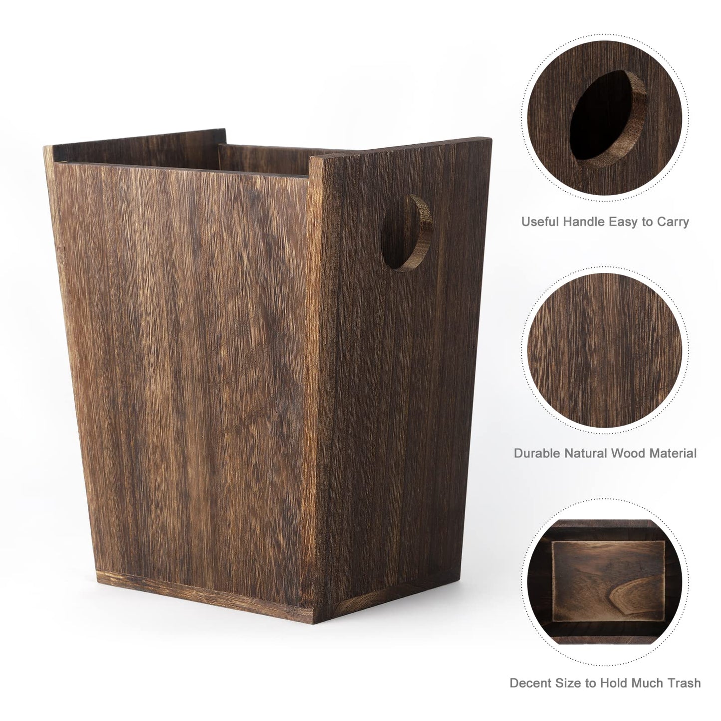 Wood Waste Basket Small Rectangular Trash Can with Handle Compact Garbage Container Bin for Kitchen, Bathroom, Home Office, Farmhouse, Rustic Brown