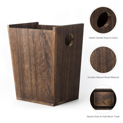 Wood Waste Basket Small Rectangular Trash Can with Handle Compact Garbage Container Bin for Kitchen, Bathroom, Home Office, Farmhouse, Rustic Brown