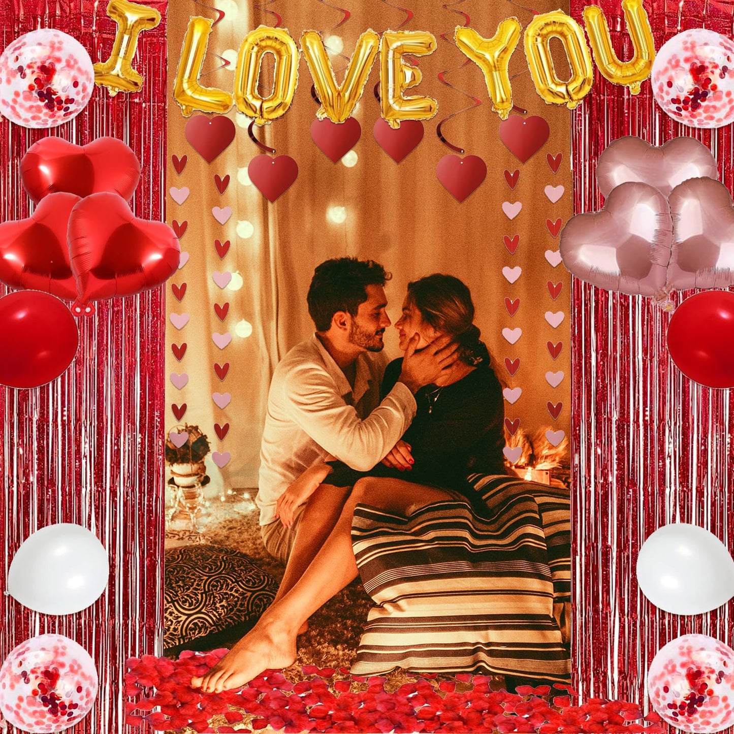 72 Pcs Valentines Day Decor Kit, Happy Anniversary Decorations - Balloon Set, 1000 Pcs Dark-Red Rose Petals, "I LOVE YOU" banner, Multi Decors For Romantic Decorations Special Night
