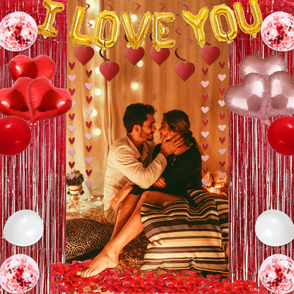 72 Pcs Valentines Day Decor Kit, Happy Anniversary Decorations - Balloon Set, 1000 Pcs Dark-Red Rose Petals, "I LOVE YOU" banner, Multi Decors For Romantic Decorations Special Night