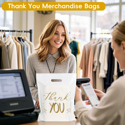 POPGIFTU Thank You Bags for Business Small - 12"x15" Reusable White Retail Plastic Shopping Bags with Die Cut Handle, 100 Pack - Perfect for Boutique, Clothing Stores, Gifts, Trade Shows, Wholesale