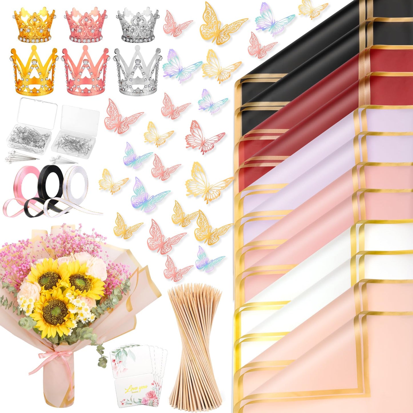 311 PCS Flower Wrapping Paper Bouquet Kit, 30 Sheets Waterproof Floral Wrapping Paper With Ribbons, Flower Pearl Pins, Bamboo Skewers, 3D Butterflies Crowns for Florist Craft Mother's Day Birthday
