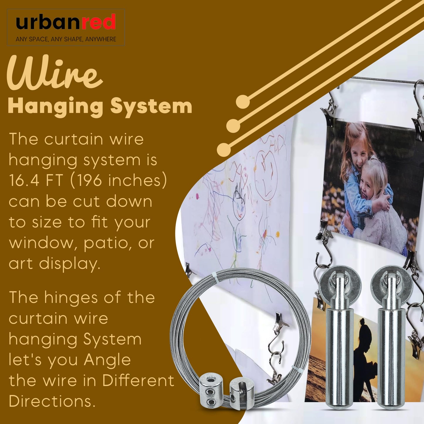 UrbanRed 16.4 FT (5m) Adjustable Indoor Outdoor Wire Curtain Rod Room Divider Hanging System with 24 Clips Wire Hanging System, Clothesline Clothes Hanger Kids Craft Art Decoration on Walls