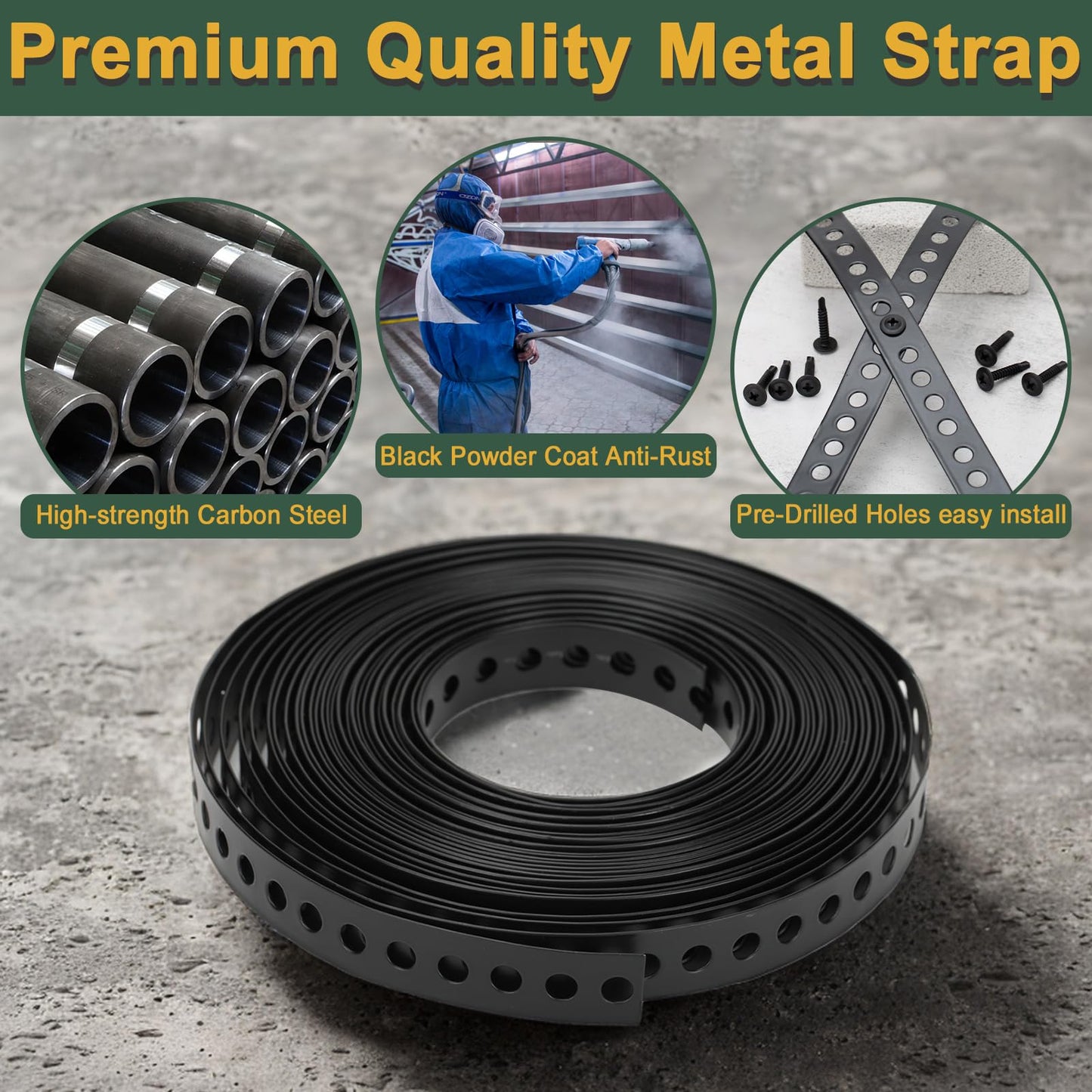 Black Metal Pipe Strap 3/4-Inch x 33-Feet 0.5mm Thickness Pipe Hanger Strap for Pipe Supports Hanging with Screw Metal Strapping with Hole