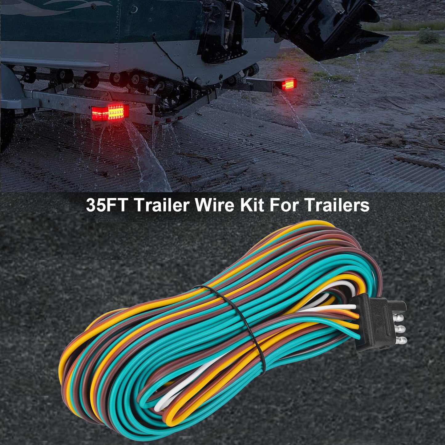 VINAUO 35FT Trailer Wiring Harness, 4 Wire Trailer Wire, Color Coded Wishbone Style Trailer Wiring Harness Kit 4 Pin, 42" Ground Trailer Wiring Kit, 4 Pin Trailer Connector