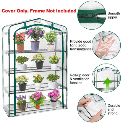 DECOHS Extra Wide 4 Tier Greenhouse Replacement Cover- 63 x 40 x 19 Inch Clear PVC Plant Gardening Greenhouse Cover with Roll-Up Zipper Door for Gardening Plants Flowers (Frame Not Include)