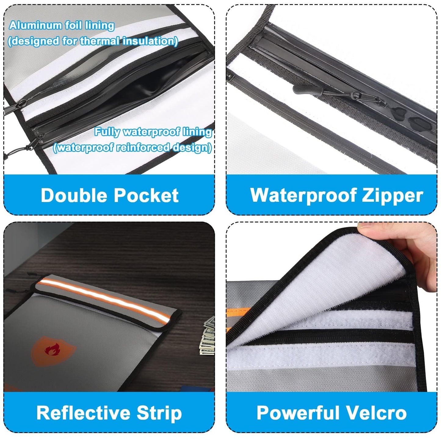 Upgraded Fireproof Document Bag (2200℉), Fireproof Money Bag for Cash with Zipper (aluminum Foil Lining), Waterproof Money Pouch for Valuables