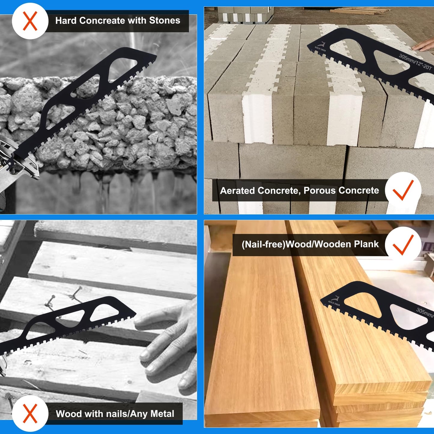 GOLD DEER 2PCS 12Inch Masonry Reciprocating Saw Blade Tipped Cutting Recip Saw Blades Demolition Saw Blade for Cutting Red Brick, Light Brick, Fiber Cement, Aerated Concrete,Cinder Block (305mm)