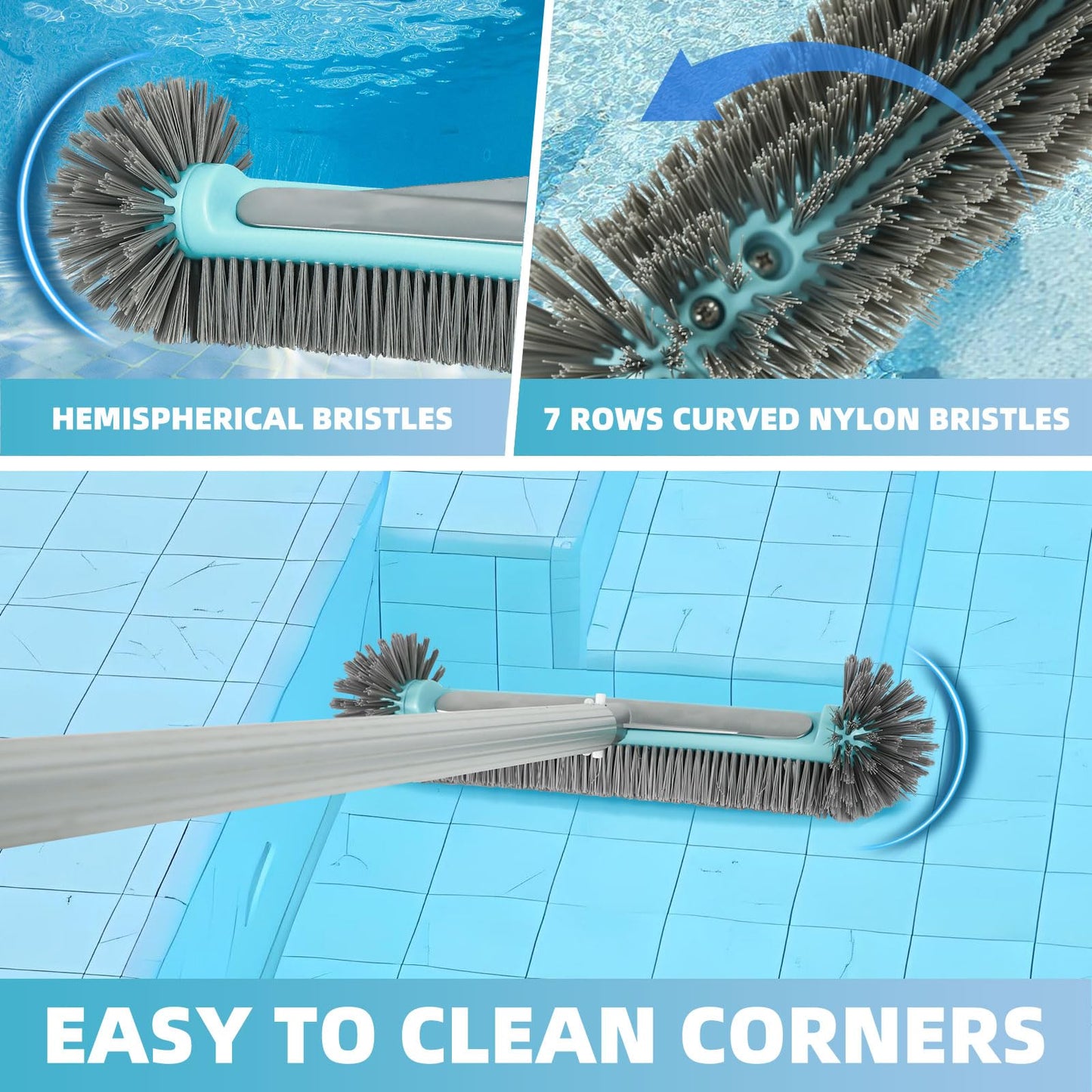 WXFANA Pool Brush Head for Walls, Tiles Floors - 17.5" Heavy Duty Round Scrub Brush with 7 Rows Premium Nylon Bristles & Reinforced Aluminum Back, EZ Clips Design (Blue Grey)