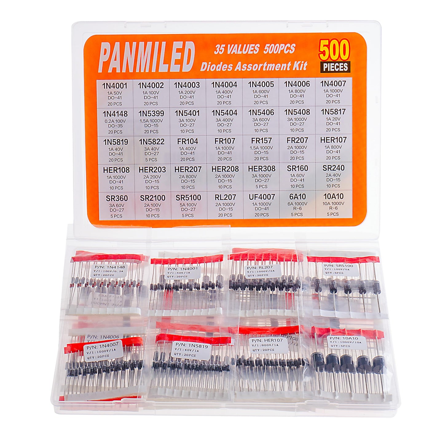 35 Values 500 Pcs Rectifier Schottky Diode Kit 1N4001 1N4002 1N4003 1N4004 1N4005 1N4006 1N4007 1N4148 1N5401 1N5404 1N5408 1N5817 1N5819 FR107 FR207 HER107 HER207 SR160 SR360 SR2100 SR5100 6A10 10A10