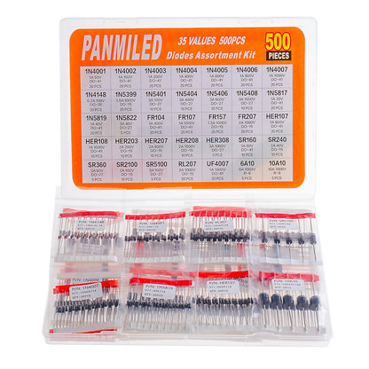 35 Values 500 Pcs Rectifier Schottky Diode Kit 1N4001 1N4002 1N4003 1N4004 1N4005 1N4006 1N4007 1N4148 1N5401 1N5404 1N5408 1N5817 1N5819 FR107 FR207 HER107 HER207 SR160 SR360 SR2100 SR5100 6A10 10A10