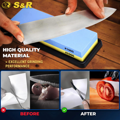S&R 2-Sided Whetstone Sharpening Stone 18 x 6 x 3 cm with 1000/6000 Grit and Silicone Holder, 100% Corundum