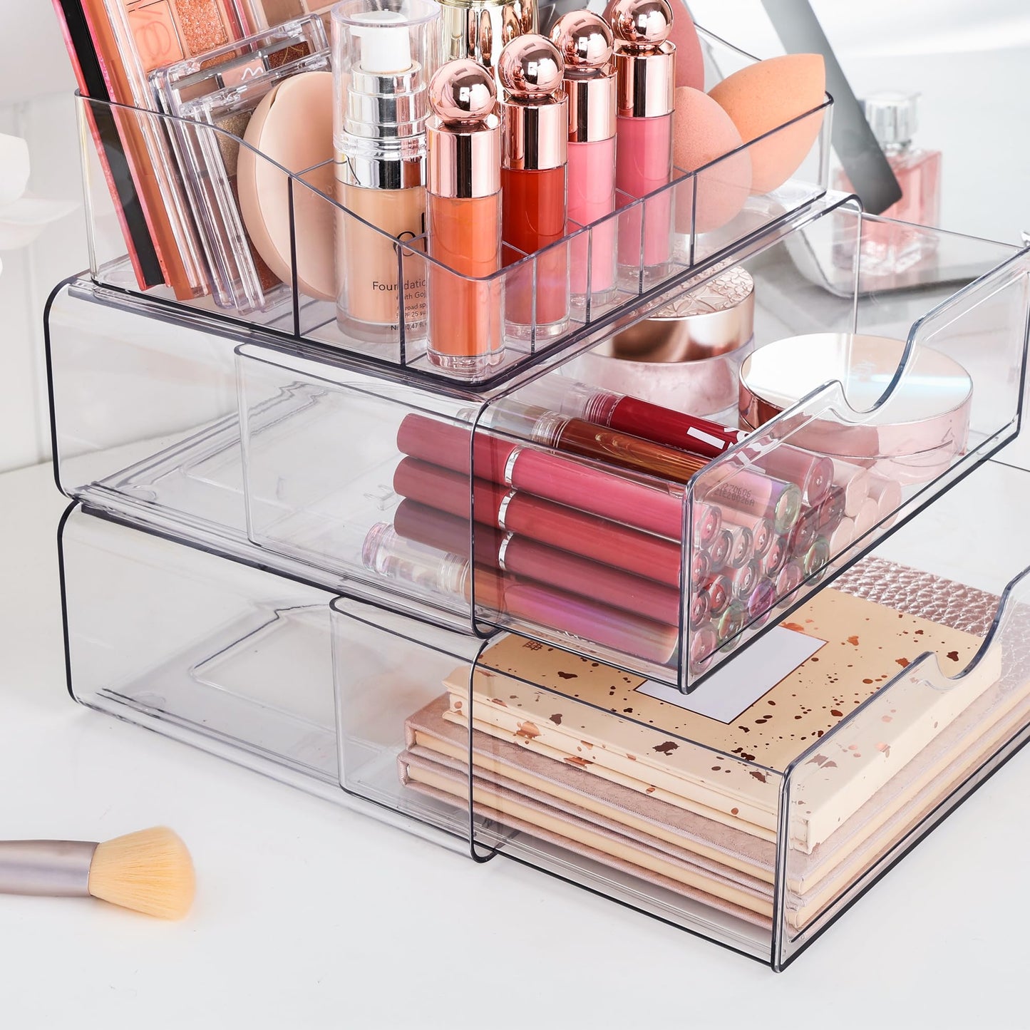 Vtopmart 3 Tier Clear Makeup Organizer with Drawer, Cosmetic Storage for Dresser Countertop and Bathroom Vanity, Skincare Organizer for Lipstick Brush Holders