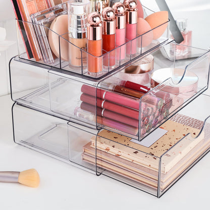 Vtopmart 3 Tier Clear Makeup Organizer with Drawer, Cosmetic Storage for Dresser Countertop and Bathroom Vanity, Skincare Organizer for Lipstick Brush Holders
