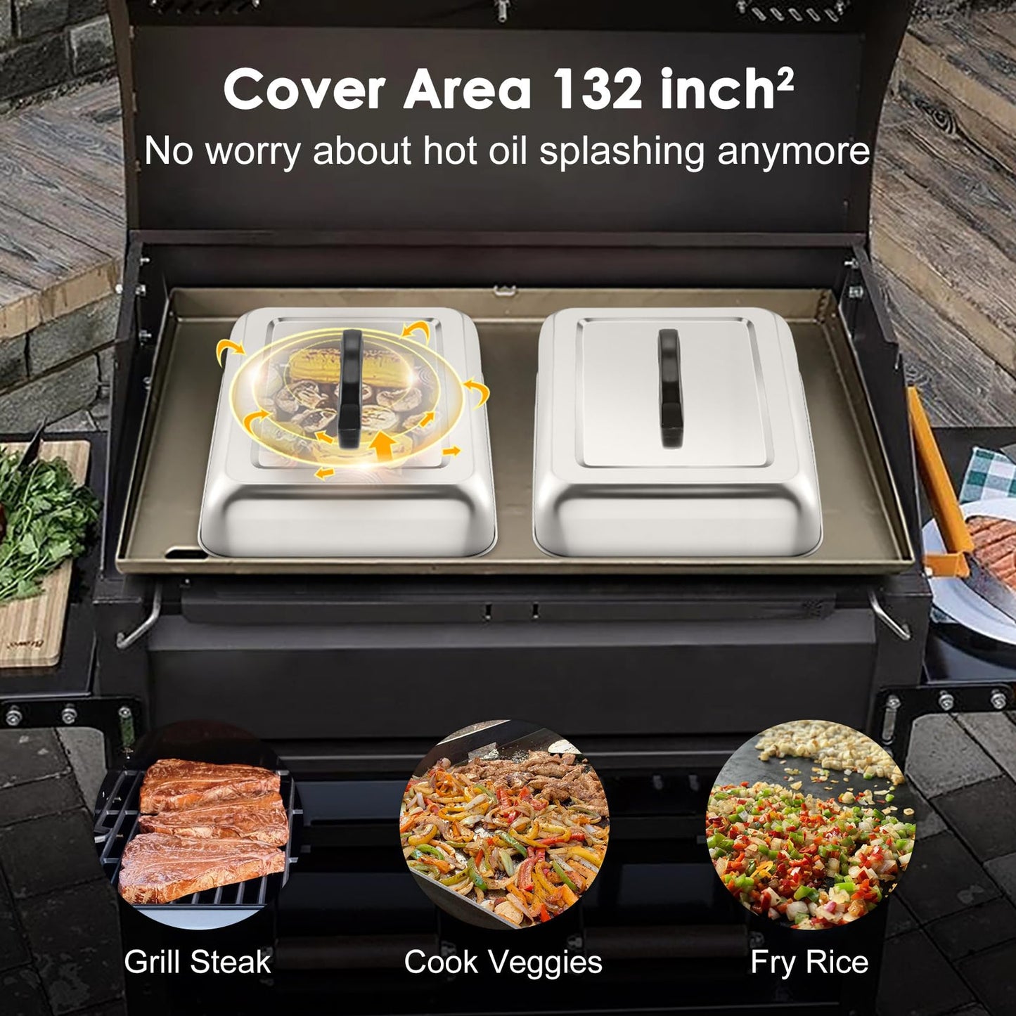 1Piece 13 x 9.8 Basting Cover for Griddle, Joyfair Rectangular Cheese Melting Dome, Stainless Steel Melt Lid for Outdoor Flat Top Grill, Heat-Resistant Handle & Dishwasher Safe (No Vent)