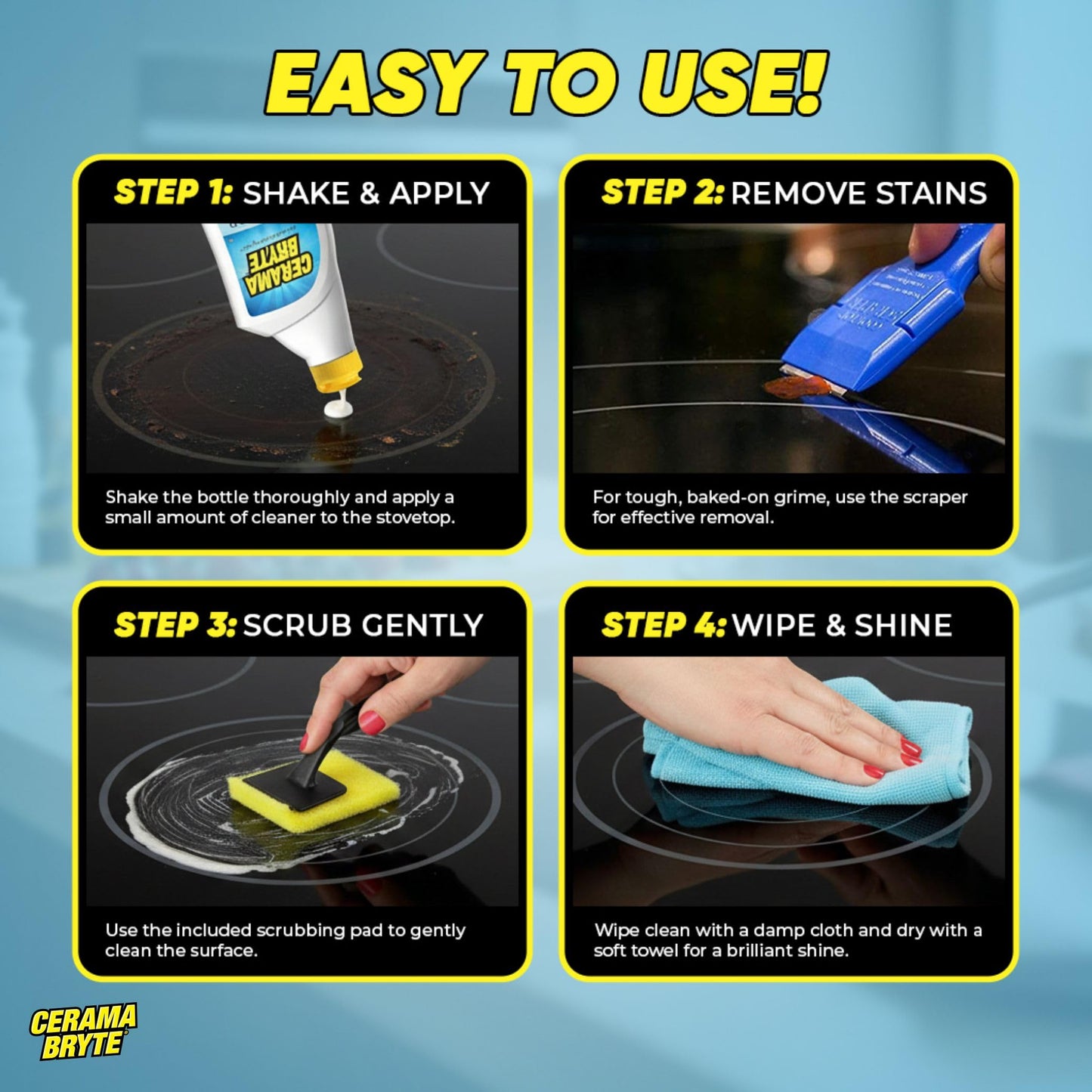 Cerama Bryte - Cooktop Cleaning Kit - Includes 10 oz. Bottle of Cerama Bryte Cooktop Cleaner, 1 Cleaning Pad and 1 Scraper