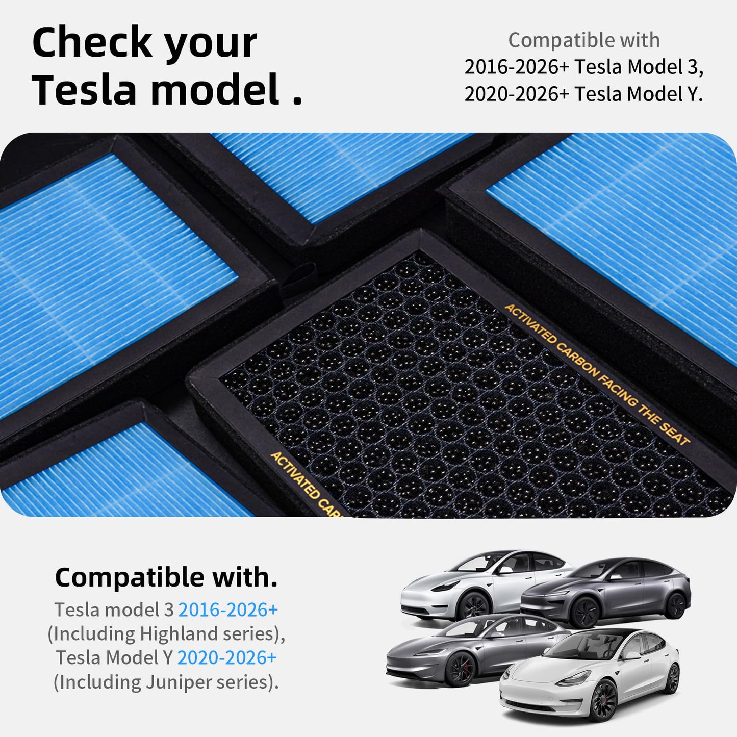 CYBERBEANS Air Conditional Replacement with Activated Carbon for Tesla Model 3 Model Y HEPA Cabin Air Filter Accessories 2016-2024/2025/2026 Upgraded Version(2 Pack)