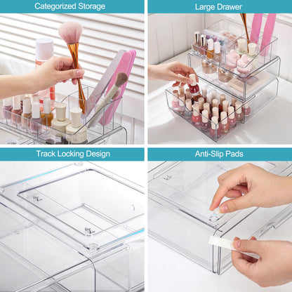 Vtopmart 3 Tier Clear Makeup Organizer with Drawer, Cosmetic Storage for Dresser Countertop and Bathroom Vanity, Skincare Organizer for Lipstick Brush Holders