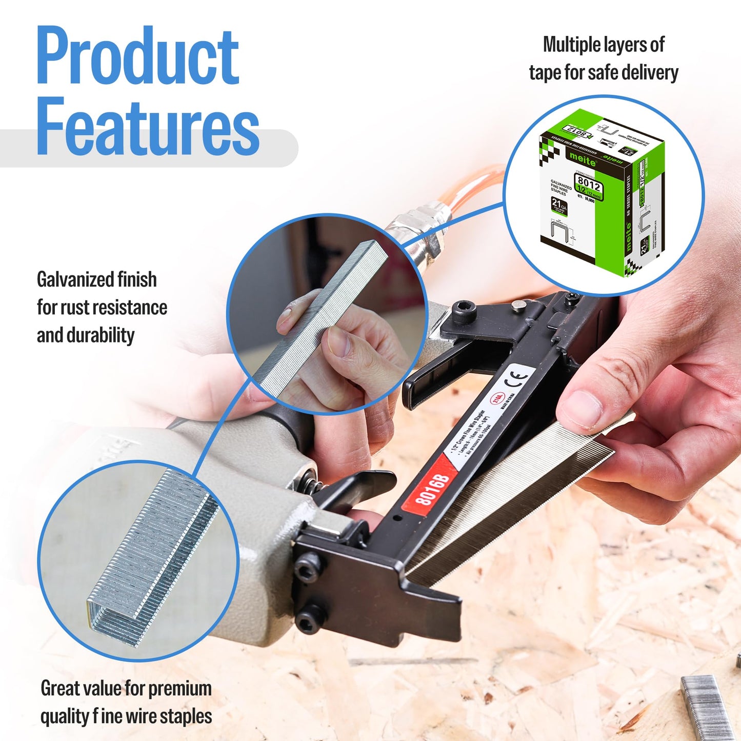 meite 21 Gauge Upholstery Staples, 1/2-Inch Crown with 1/2-Inch Length Galvanized Heavy Duty Staples for Staple Guns MT8016, MT8016S, and MT8016SLN (10,000 Counts)