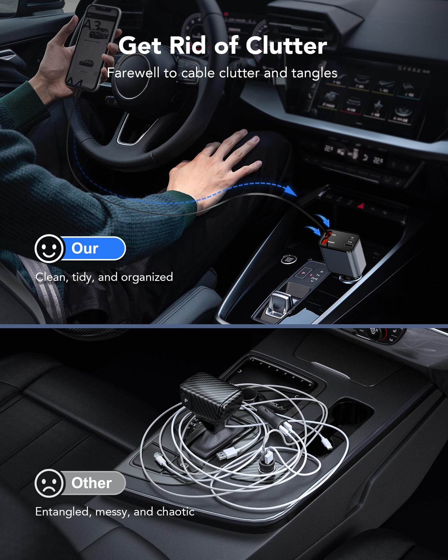 69W Retractable Car Charger, 4-in-1 Fast Car Phone Charger with 2.6ft Two Retractable Cables and USB C+USB A Car Charger Block Cube, Compatible with iPhone 16 15 14 13 12 Pro Max Plus,Galaxy,Pixel