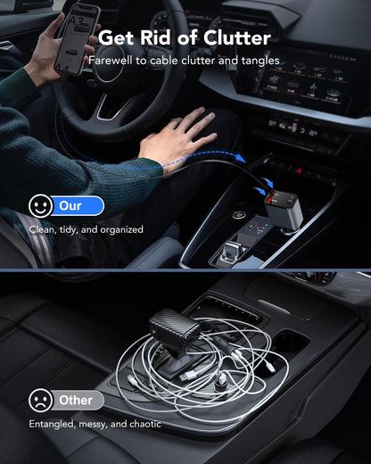 69W Retractable Car Charger, 4-in-1 Fast Car Phone Charger with 2.6ft Two Retractable Cables and USB C+USB A Car Charger Block Cube, Compatible with iPhone 16 15 14 13 12 Pro Max Plus,Galaxy,Pixel