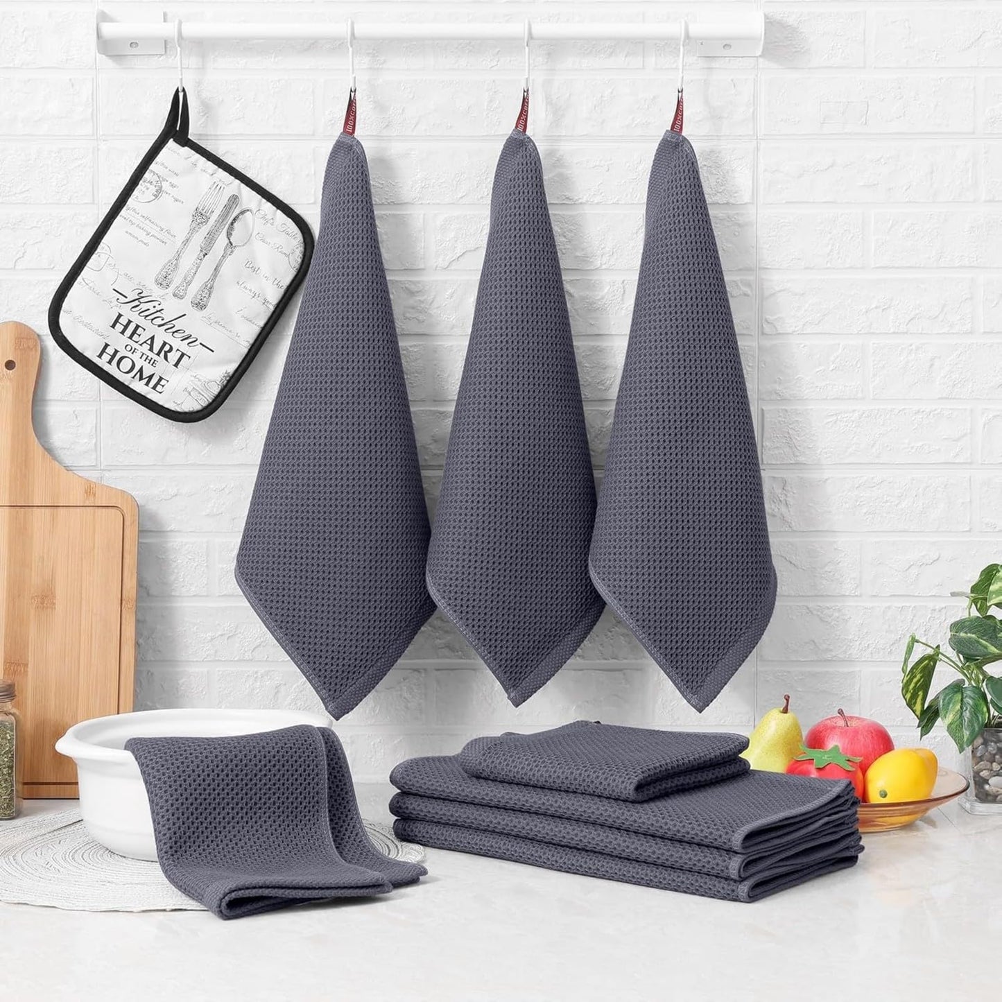 smiry Cotton Kitchen Dish Towels Set– 4 Pack 12x12 Inch & 4 Pack 13x28 Inch Kitchen Towels, 8 Pieces in Total, Ultra Soft Absorbent Quick Drying Dish Cloths Tea Towels, Dark Grey