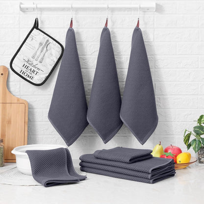 smiry Cotton Kitchen Dish Towels Set– 4 Pack 12x12 Inch & 4 Pack 13x28 Inch Kitchen Towels, 8 Pieces in Total, Ultra Soft Absorbent Quick Drying Dish Cloths Tea Towels, Dark Grey