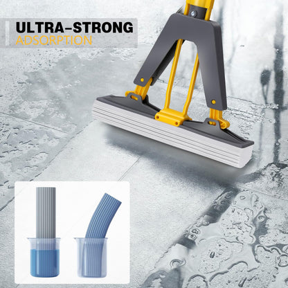 Sponge Mops, Self Wringing Mop with 3pcs Absorbent Sponge Head, Hand Wash Free Mop with 50" Long Handle, for Hardwood Laminate Tile Marble Floor Cleaning
