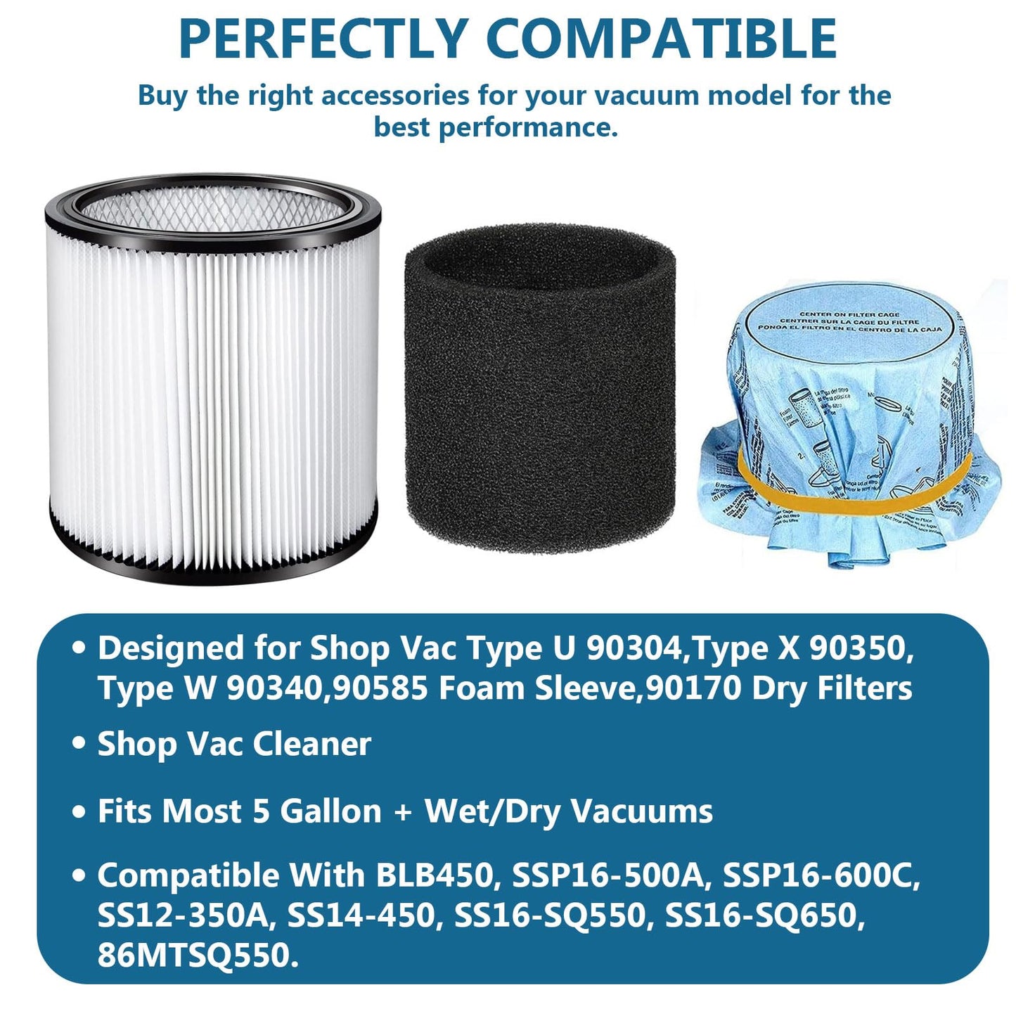 Shop Vac Filter 90304, 90585 Foam Sleeve Filter & 90107 Dry Vac Filter Set, Compatible with Most 5-Gallon and Larger Wet/Dry Vacuum Cleaners, Includes Retaining Straps and Cleaning Brush