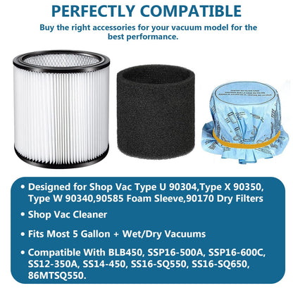Shop Vac Filter 90304, 90585 Foam Sleeve Filter & 90107 Dry Vac Filter Set, Compatible with Most 5-Gallon and Larger Wet/Dry Vacuum Cleaners, Includes Retaining Straps and Cleaning Brush