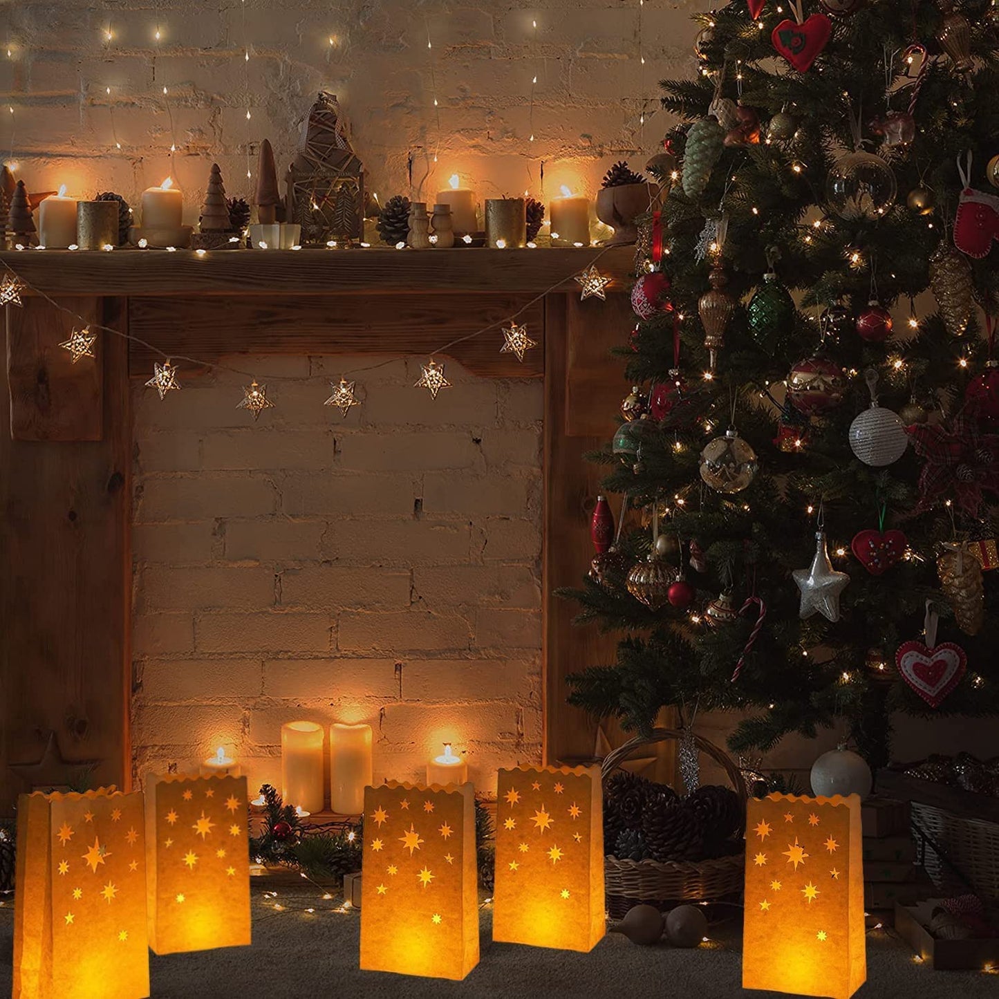 Stmarry White Paper Luminary Bags - 50-Pack Candle Lantern Bags, Fire-Retardant, Star Luminaries for Christmas, Weddings, Birthday Party Decoration, Use with Tealights, Votive, 5.9 x 10 x 3.5 Inches