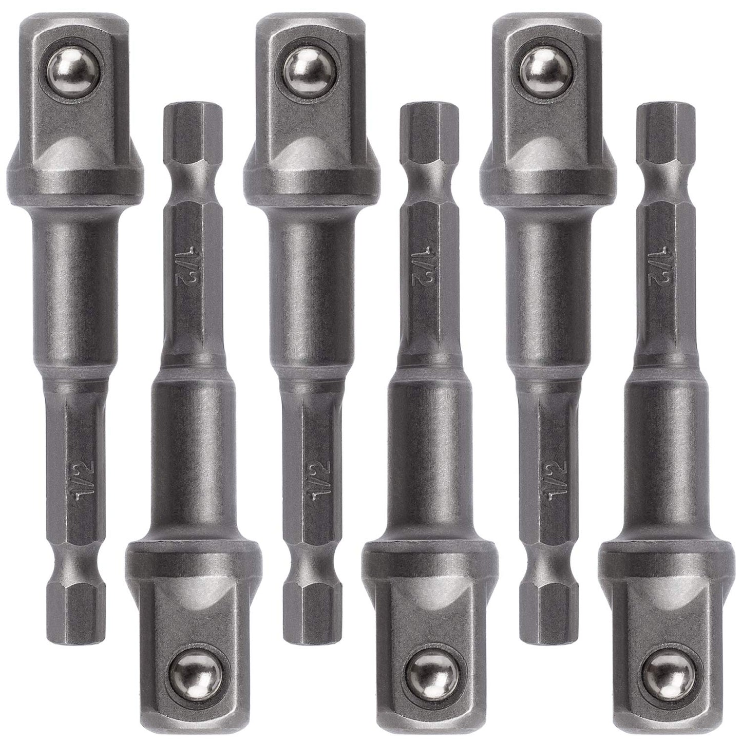 OIIKI 6 Pack 1/2 inch Square Socket Adapter Bit Set, Impact Driver Power Bits for Automotive DIY-1/4 Hex Shank