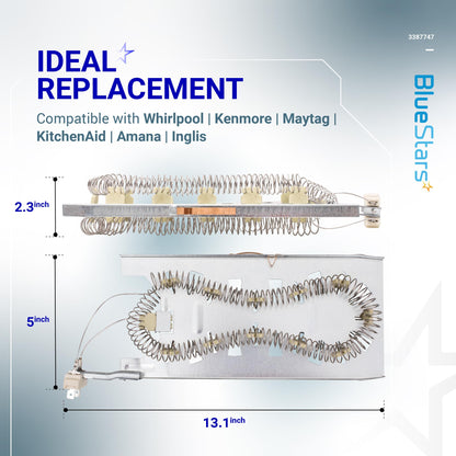 BlueStars 3387747 WP3387747 Dryer Heating Element for Whirlpool MEDB835DW4 GEW9250PW1 GEW9250PW0 GEW9200LW1 WED5100HW1 WED8300SW2 MED6230HW1 and Maytag KitchenAid Dryers Replaces W11344457 PS11741416