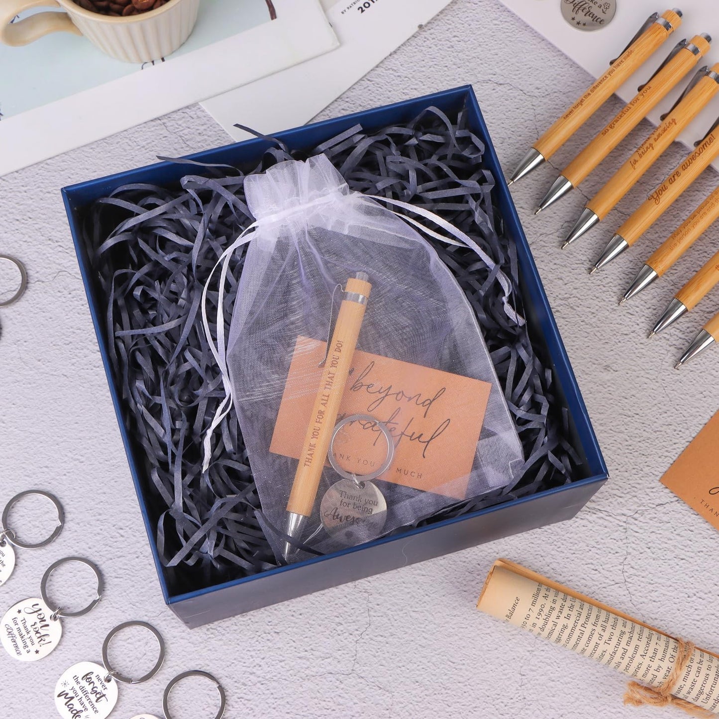 64 Pcs Thank You Inspirational Pens Gift Motivational Quote Pen with Thank You Cards Staff Appreciation Gifts Appreciation Keychain Organza Bags Employee Leaving Gifts for Teacher Colleagues Office
