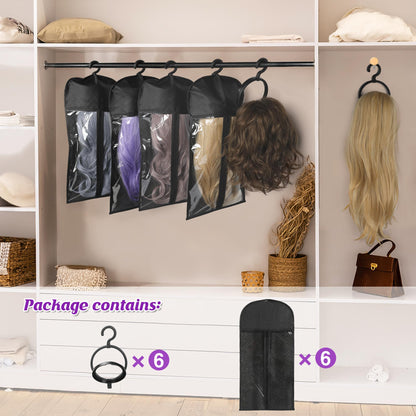 6 Pcs Wig Bags Storage with Wig Hanger Dust-proof for Multiple Wigs Hanging Storage Bags Organizer Foldable Easy Carry Suitable for Home Travel Hair Salon Black