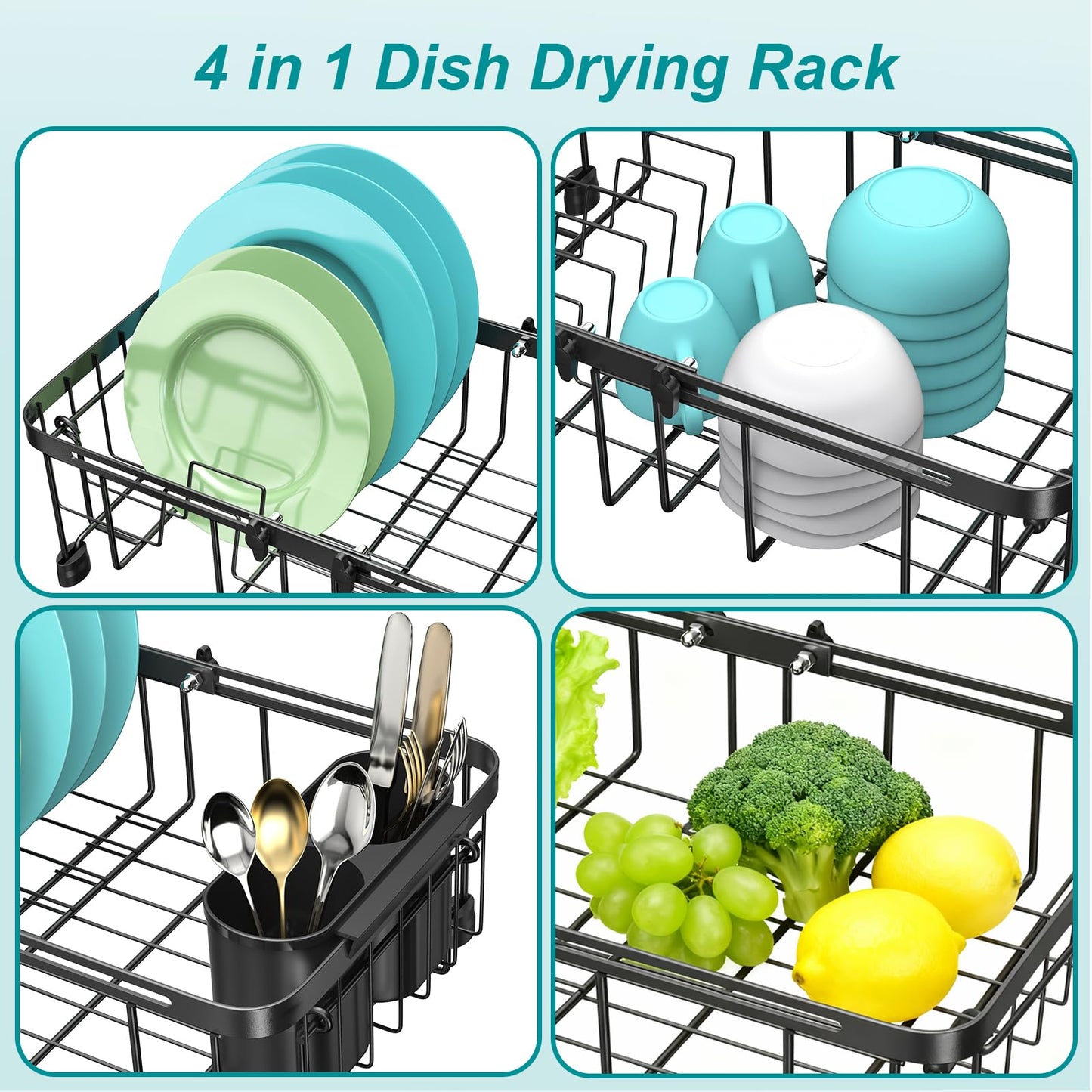 Ceecysaa Dish Drying Rack, Expandable Over The Sink Dish Drying Rack,Adjustable Dish Rack in Sink,Dish Drainer with Utensil Rack & Handle (30-42.5cm) for Kitchen Counter,Metal,Black